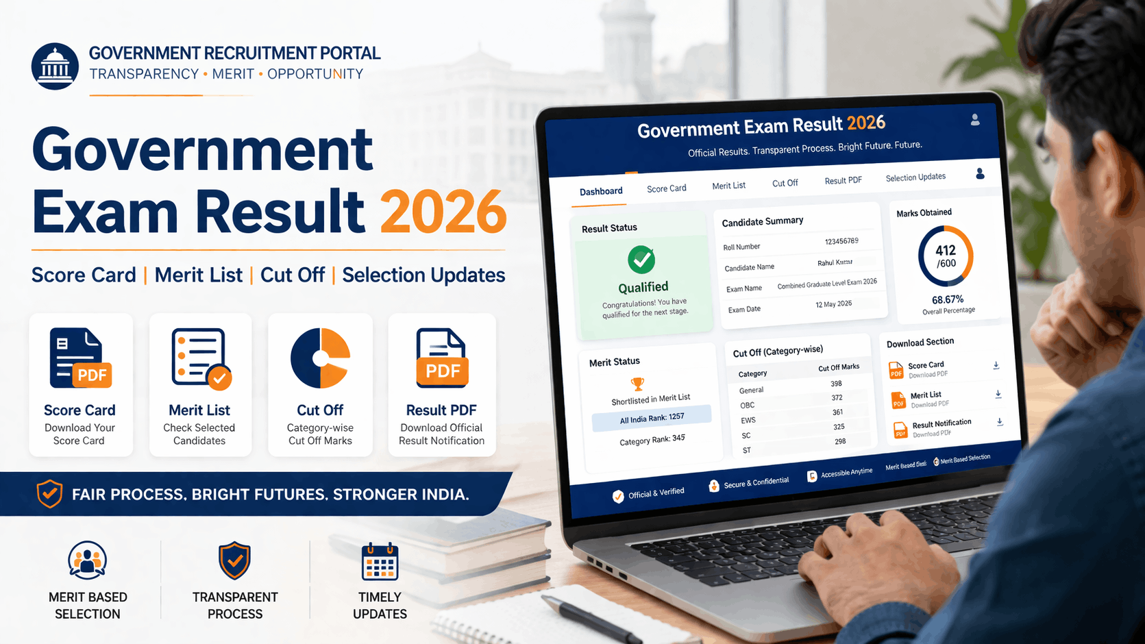 Government exam result 2026 score card merit list cut off selection list banner \.,